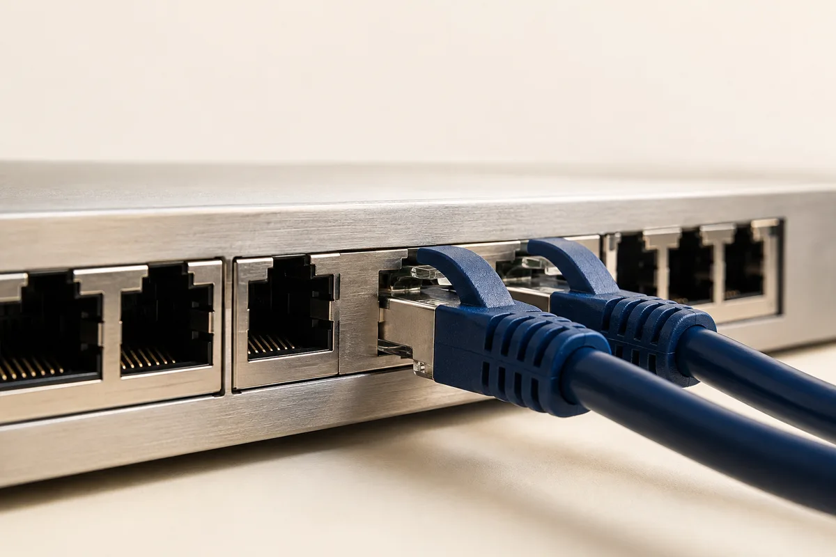 Close-up editorial study of silver network ports and navy cables